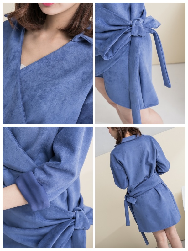 藍色質感麂皮布側綁帶洋裝