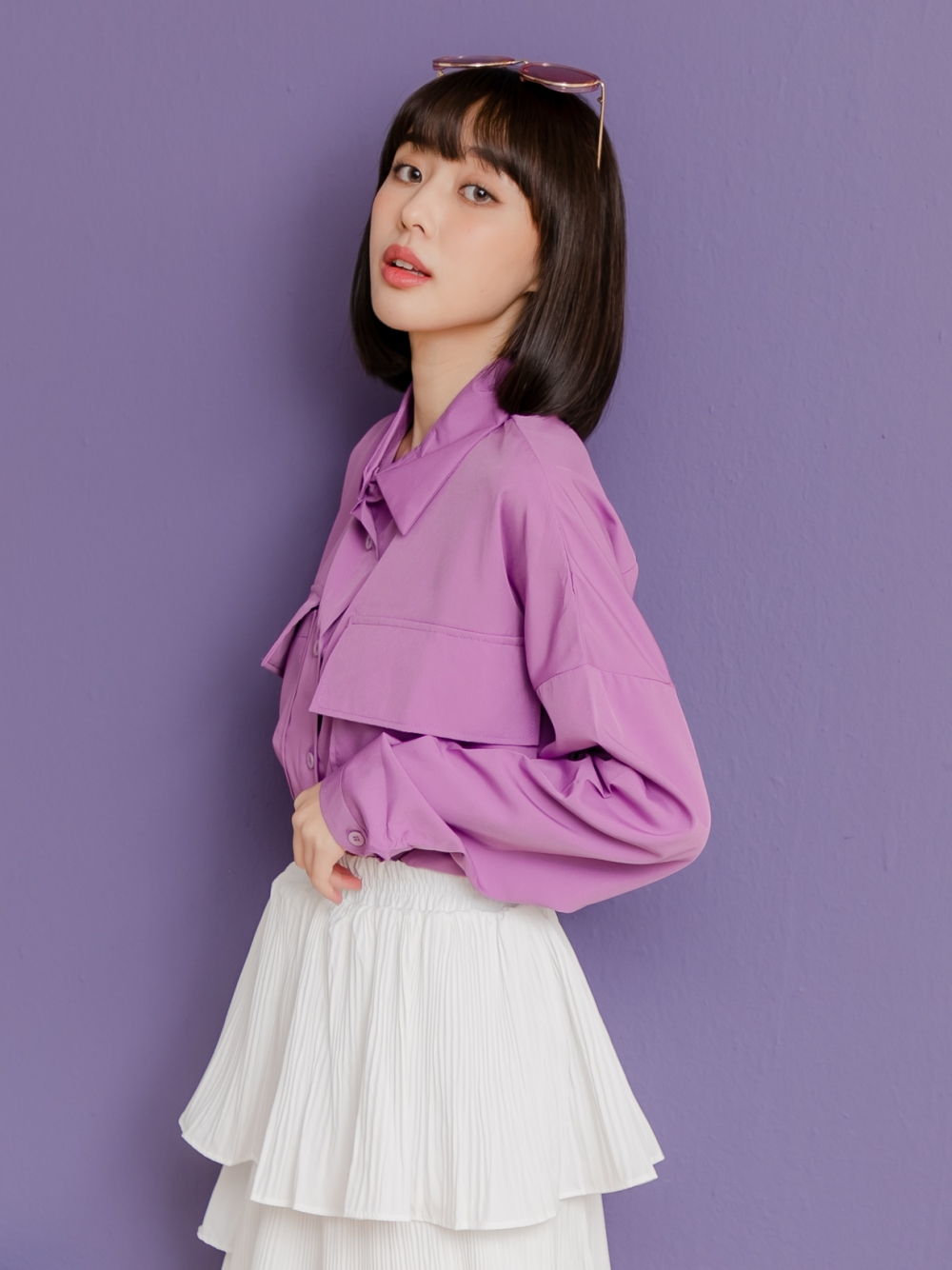 紫色簡約前雙大口袋襯衫