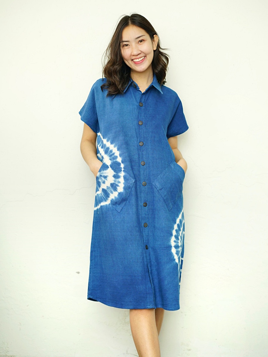 Hug Fai Hug D｜Indigo Tie Dyed Shirt Collar Dress 