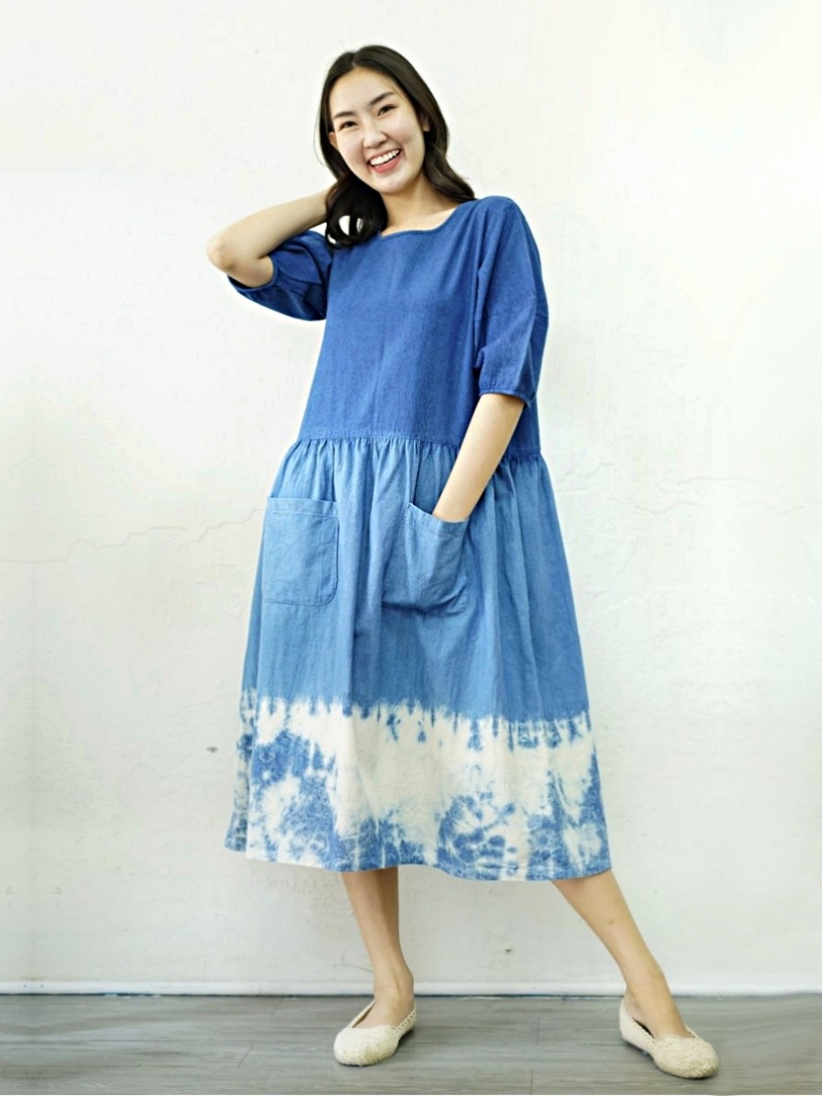 Hug Fai Hug D｜Round Neck Puff Sleeve Indigo Dress 