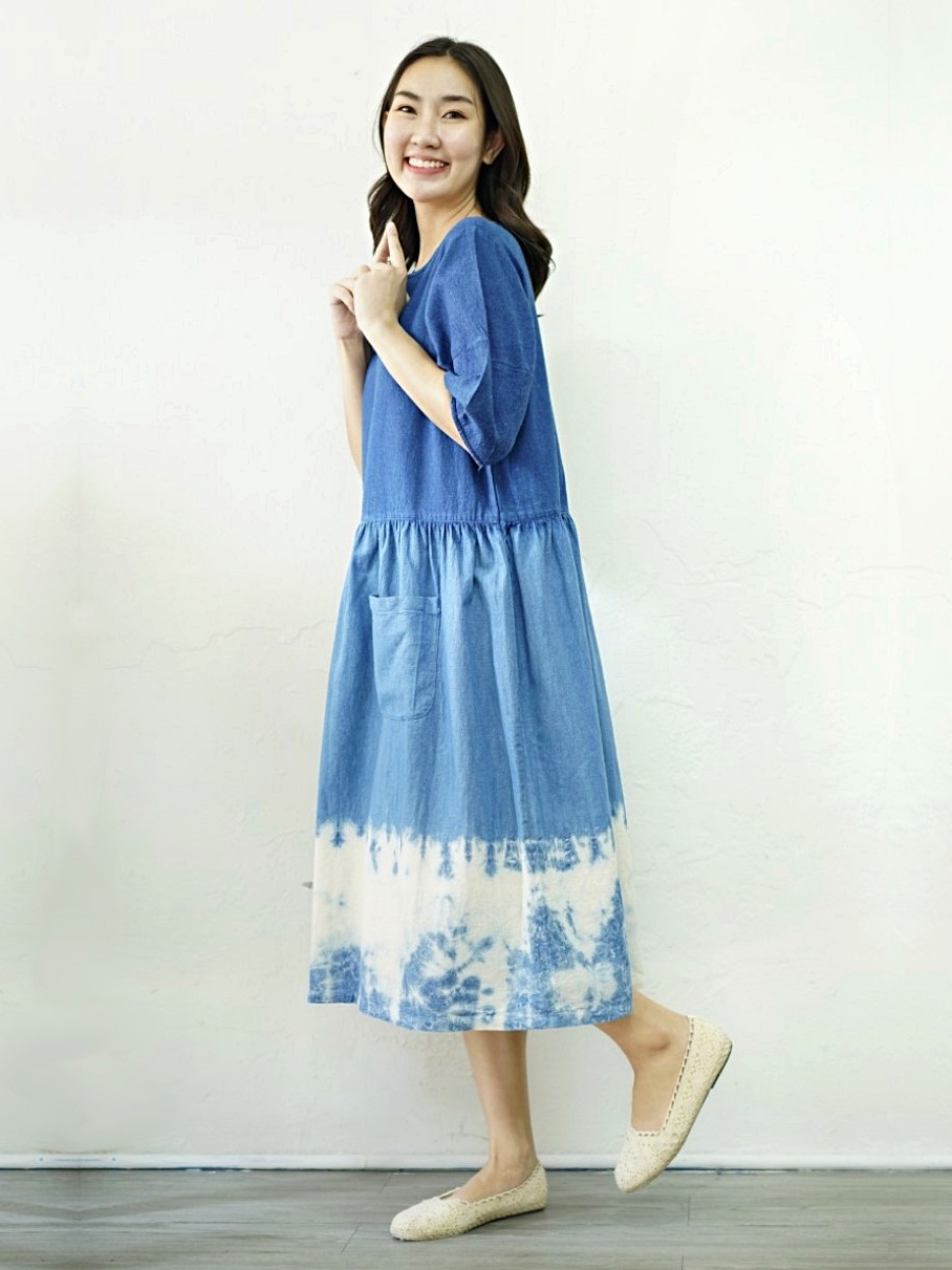 Hug Fai Hug D｜Round Neck Puff Sleeve Indigo Dress 