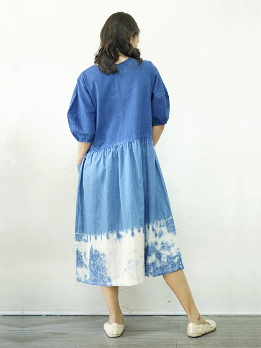 Hug Fai Hug D｜Round Neck Puff Sleeve Indigo Dress 