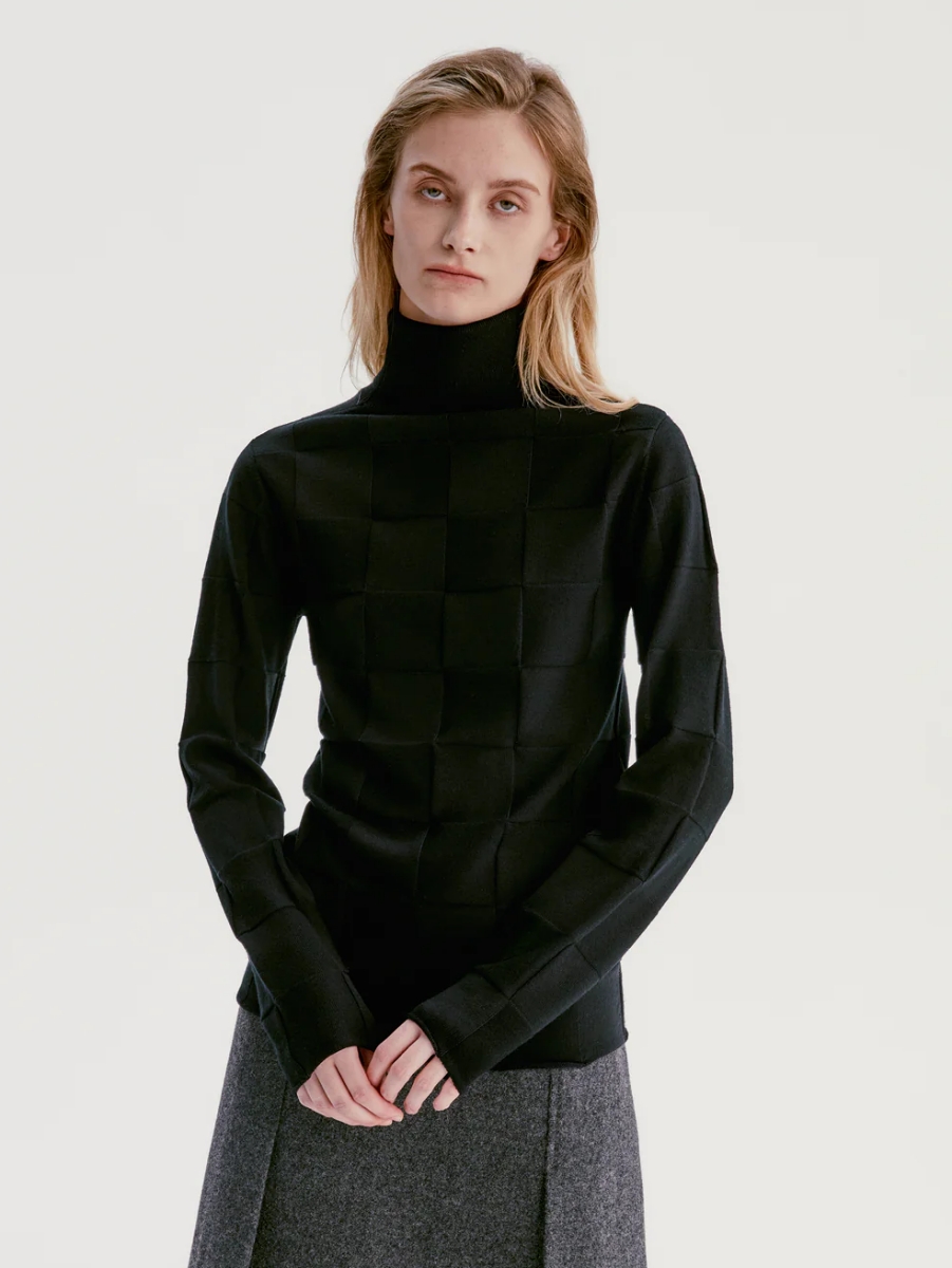 Checkerboard Turtleneck Wool Sweater