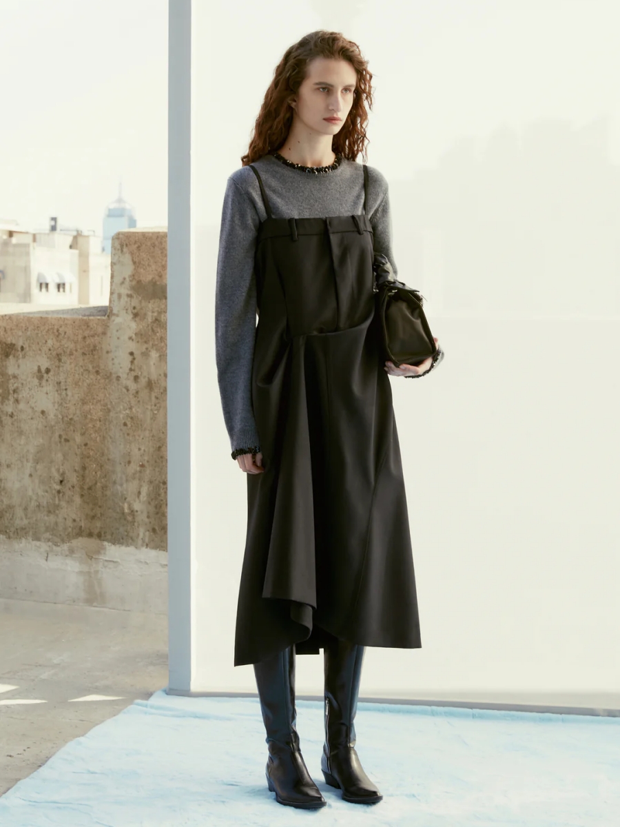 Deconstructed 3D Pleated Halter Wool Dress