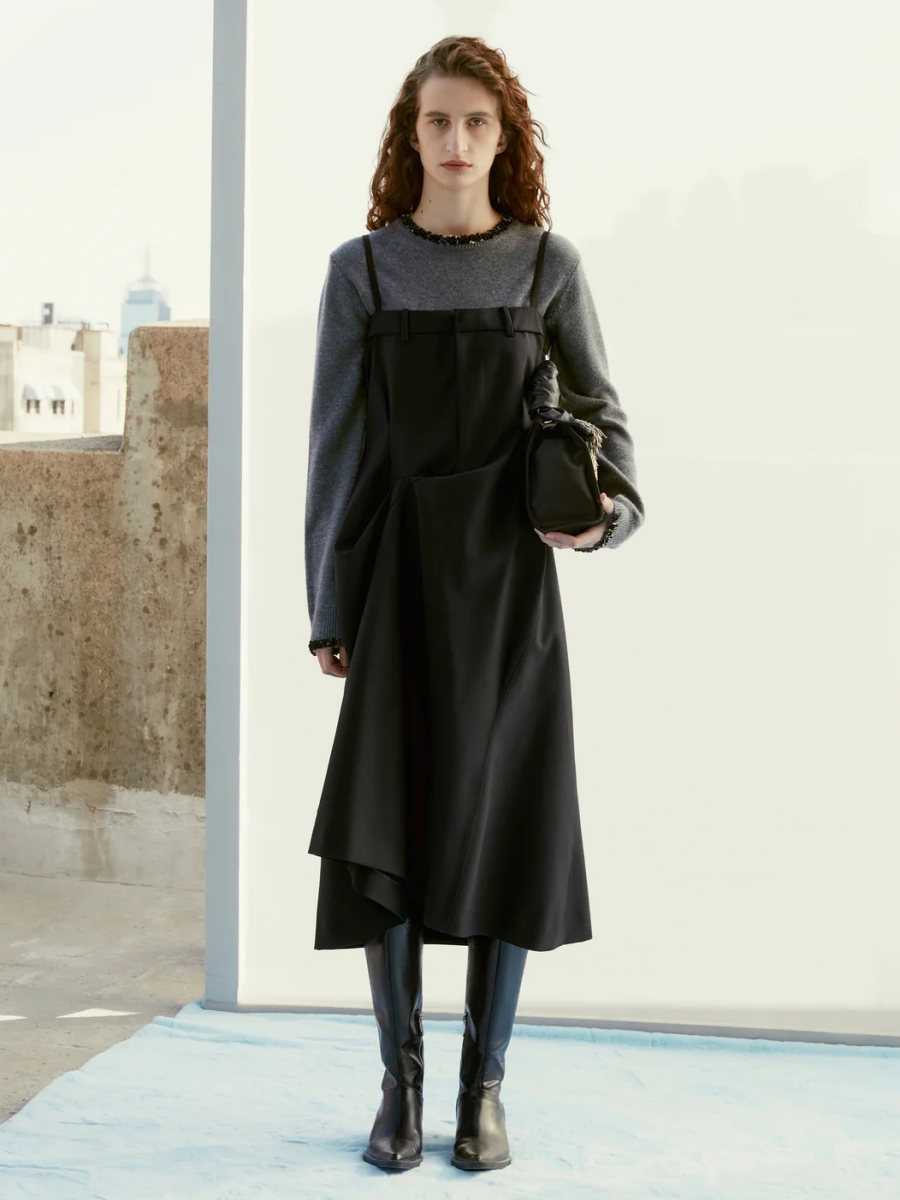 Deconstructed 3D Pleated Halter Wool Dress