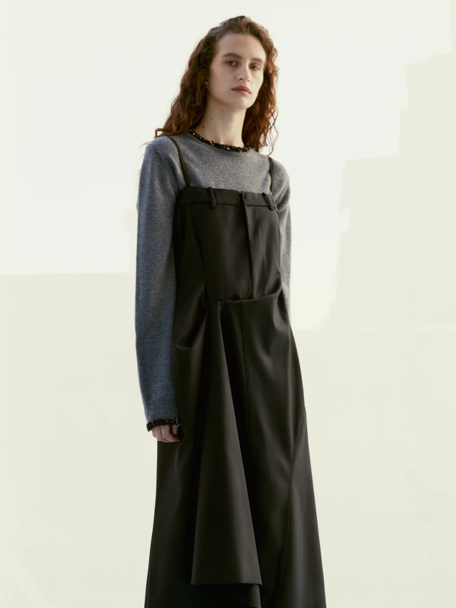 Deconstructed 3D Pleated Halter Wool Dress