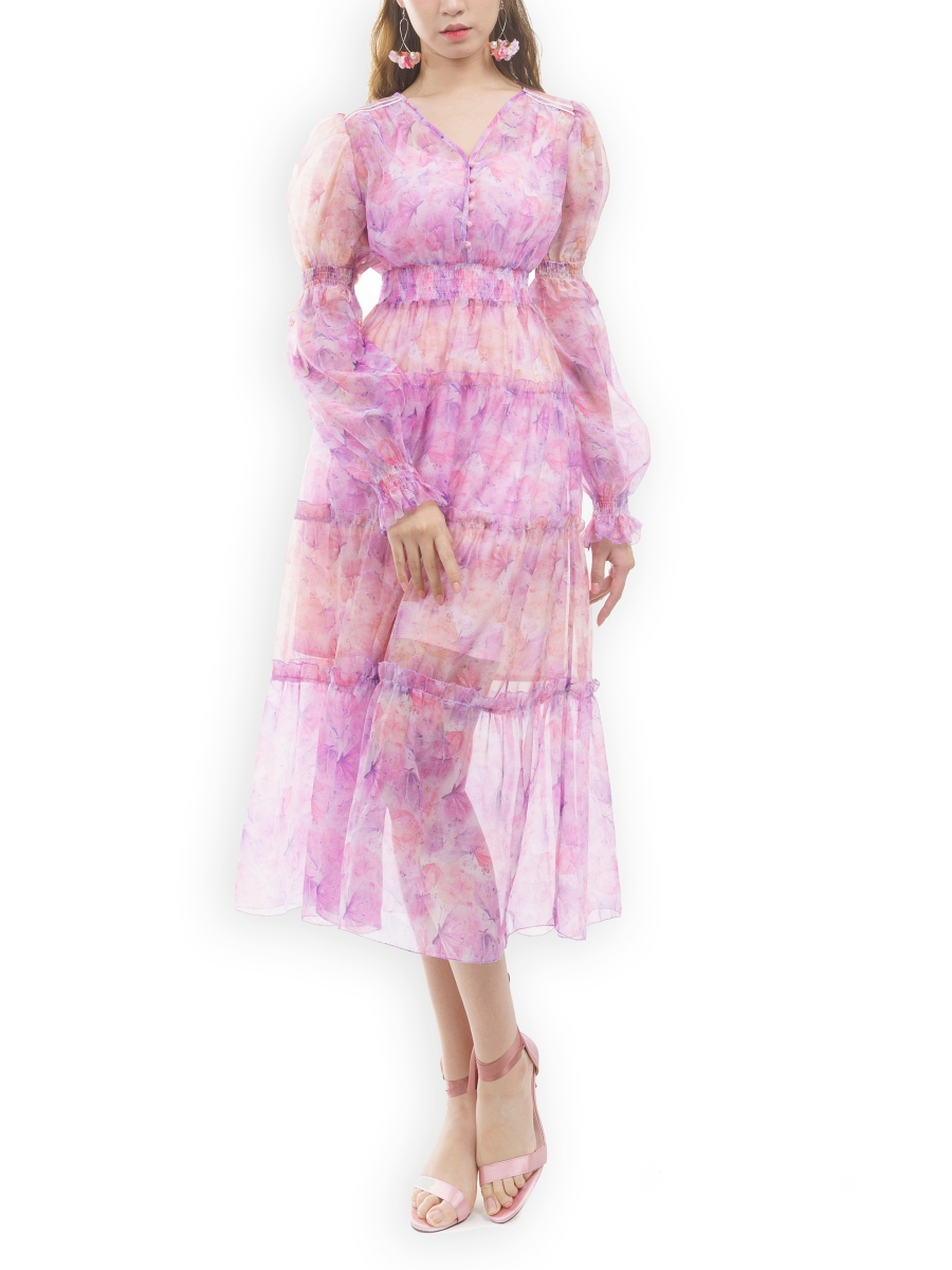 SARALOLO｜Rose Bloom Butterfly Printed   Dress