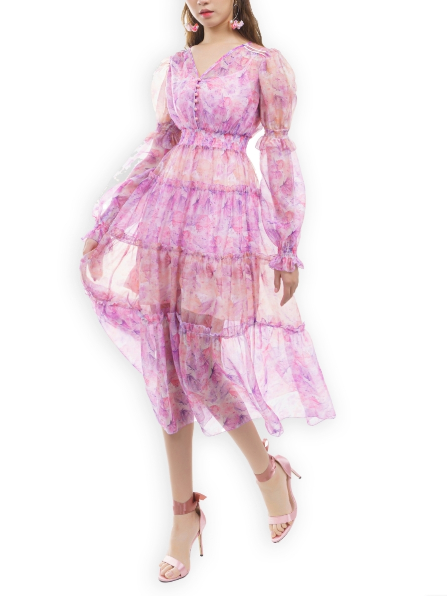 SARALOLO｜Rose Bloom Butterfly Printed   Dress