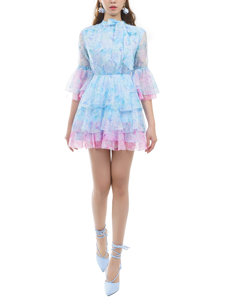 SARALOLO｜Mist Blue Butterfly Printed Dress