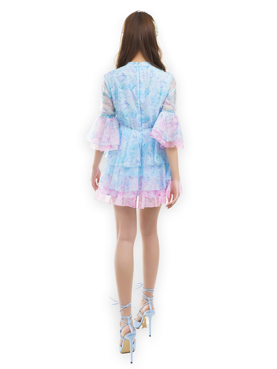 SARALOLO｜Mist Blue Butterfly Printed Dress