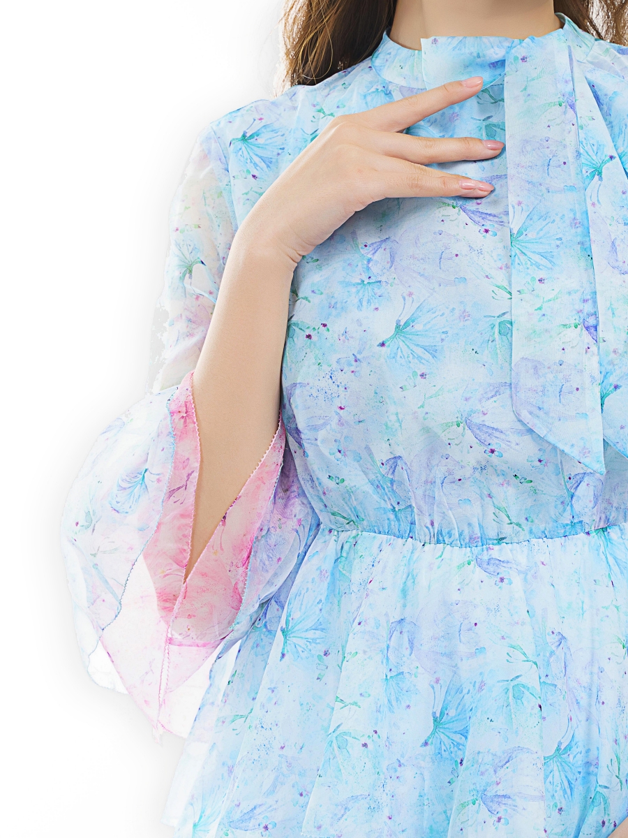 SARALOLO｜Mist Blue Butterfly Printed Dress