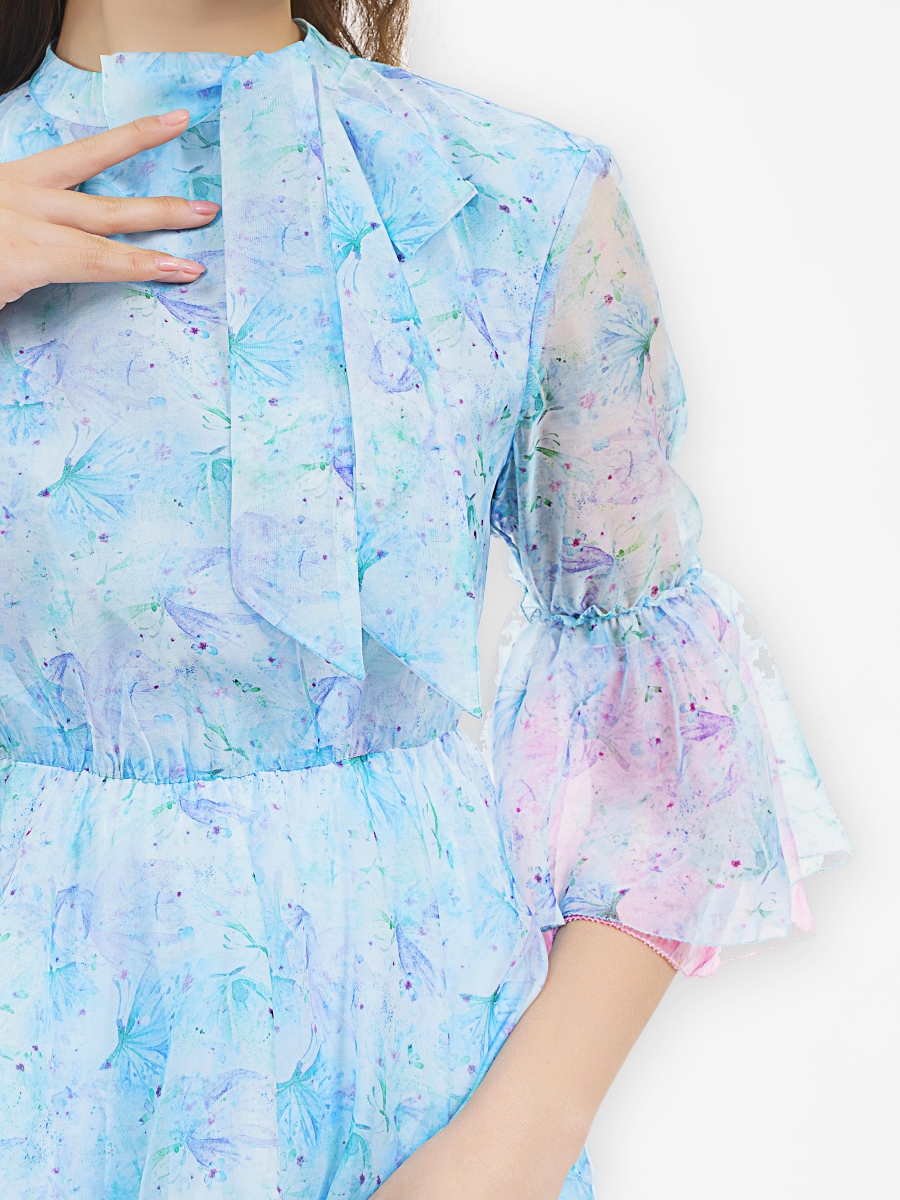 SARALOLO｜Mist Blue Butterfly Printed Dress