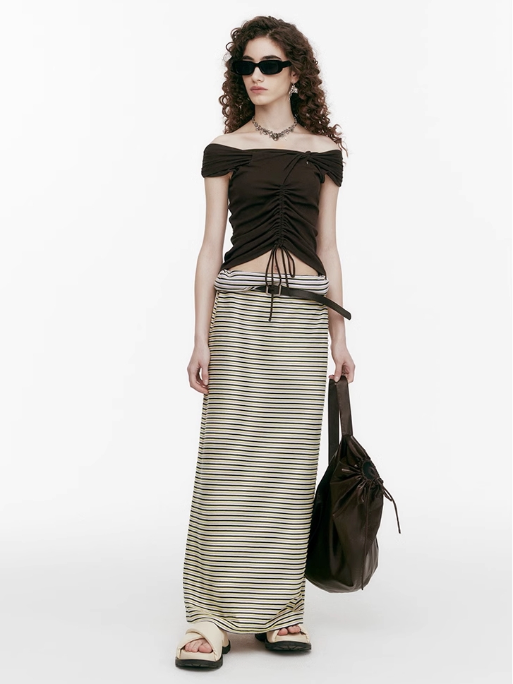 Demode｜Knot Ruffle Drawstring Knit Top