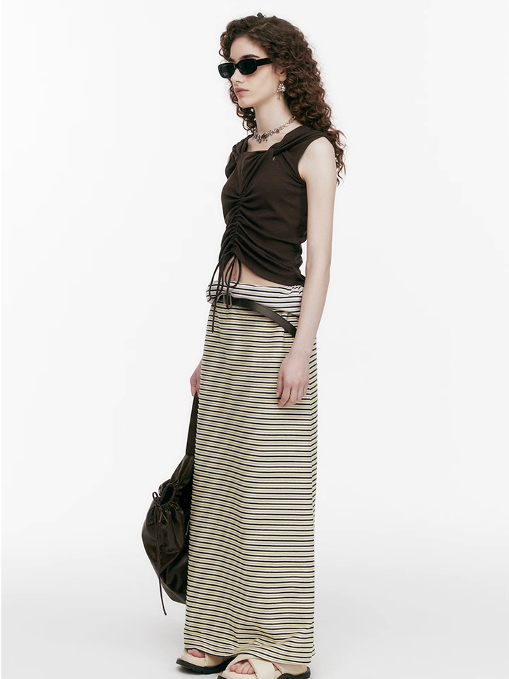 Demode｜Knot Ruffle Drawstring Knit Top