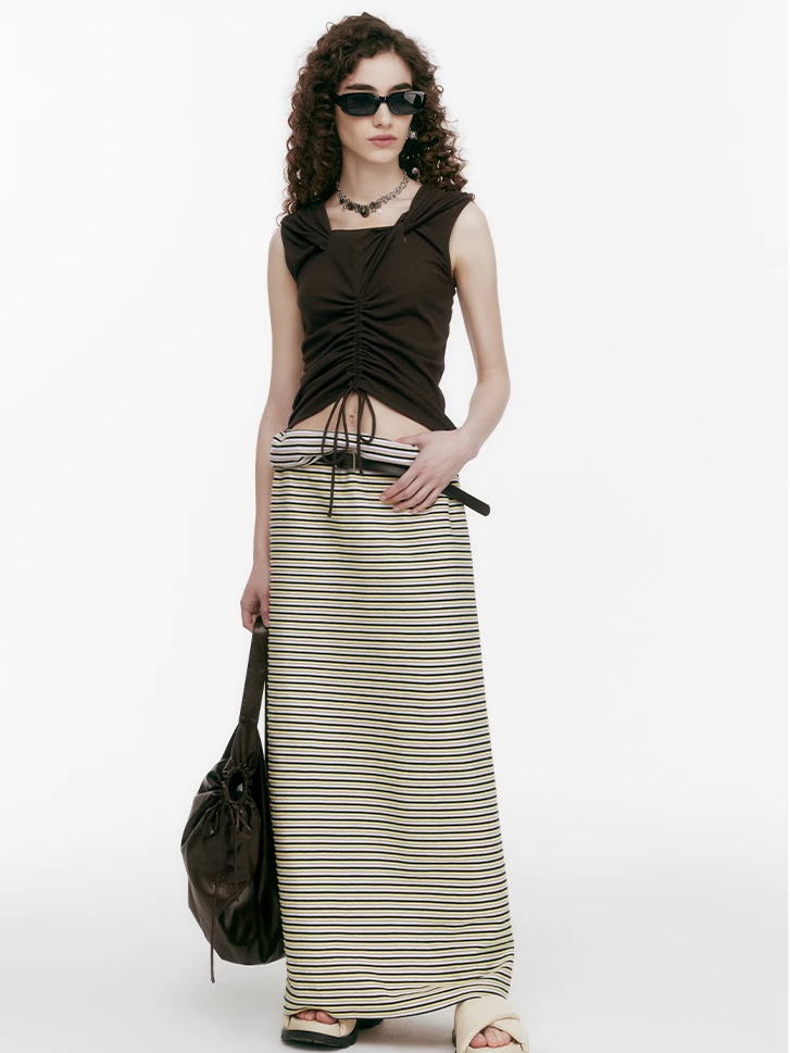 Demode｜Knot Ruffle Drawstring Knit Top