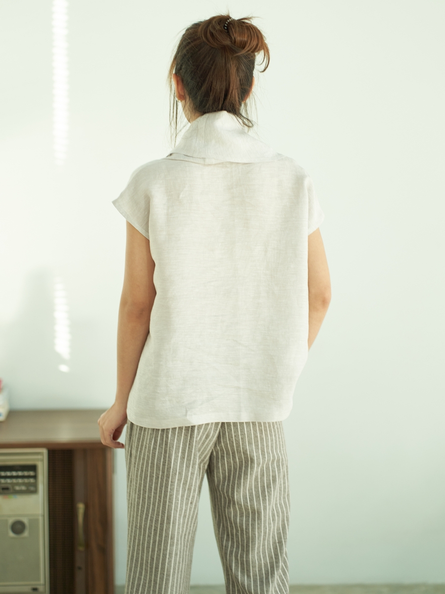 Candith｜Built-in Scarf Linen Light Grey Blouse