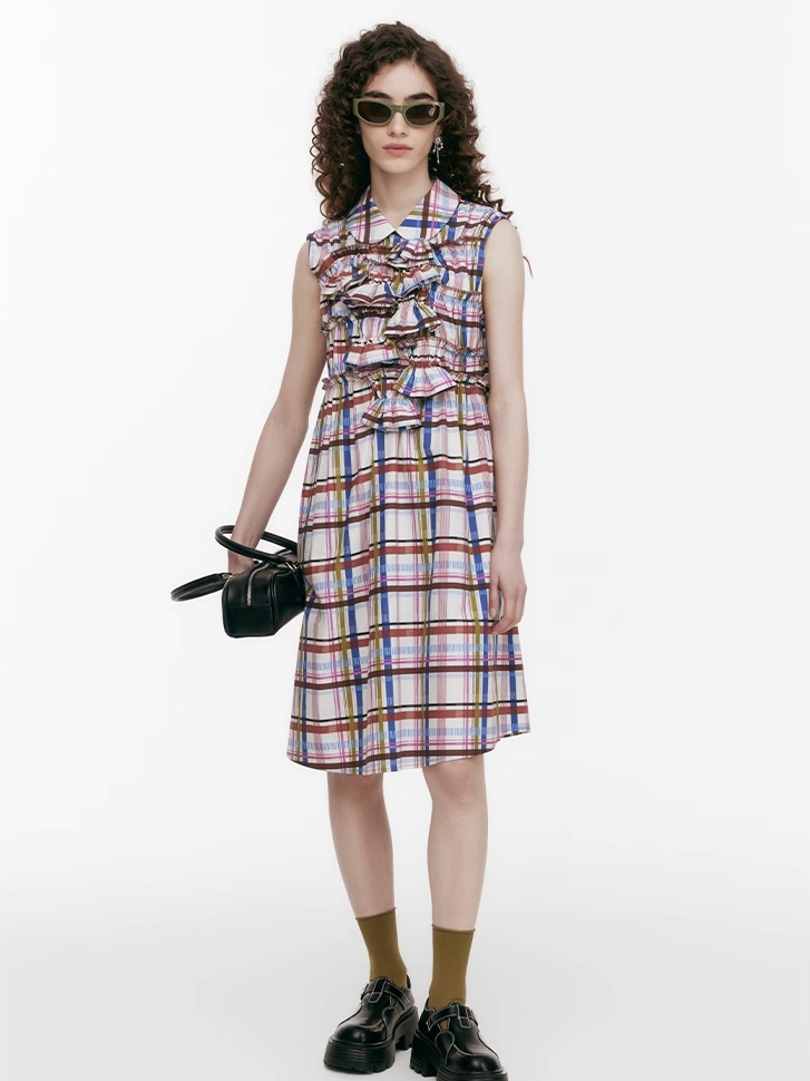 Demode｜ Vintage Side Drawstring Checkered Dress