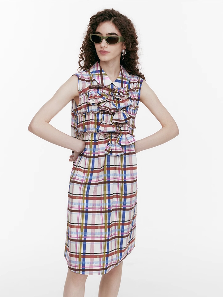 Demode｜ Vintage Side Drawstring Checkered Dress