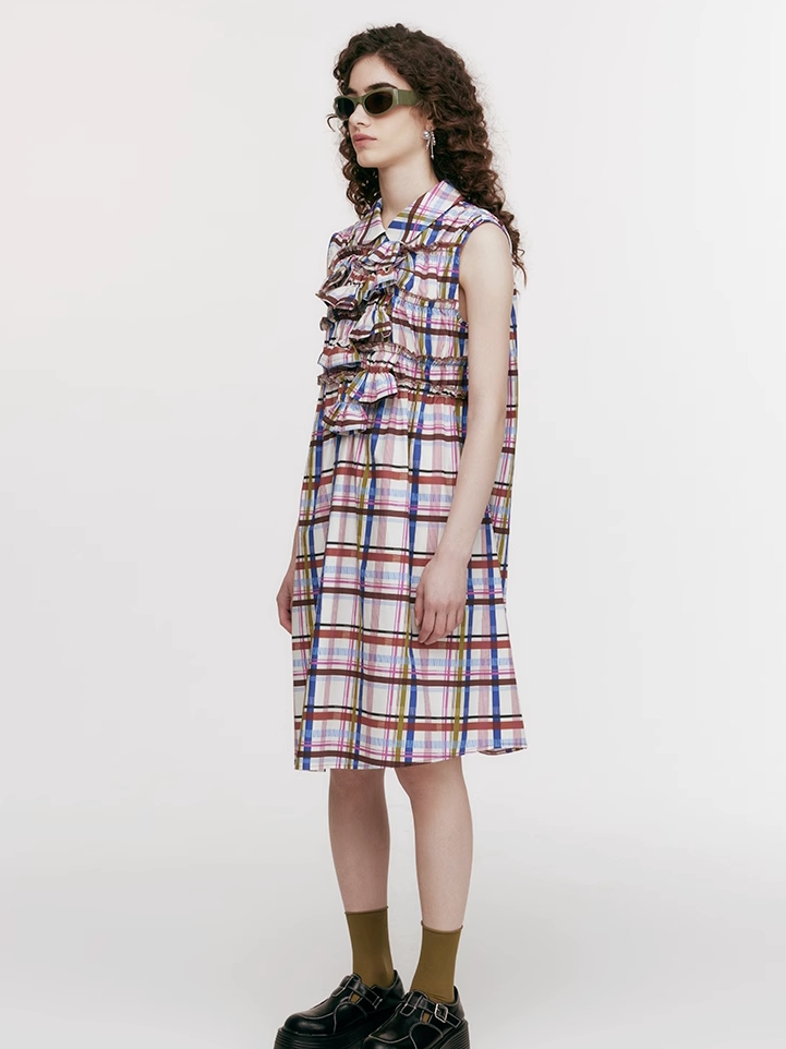 Demode｜ Vintage Side Drawstring Checkered Dress