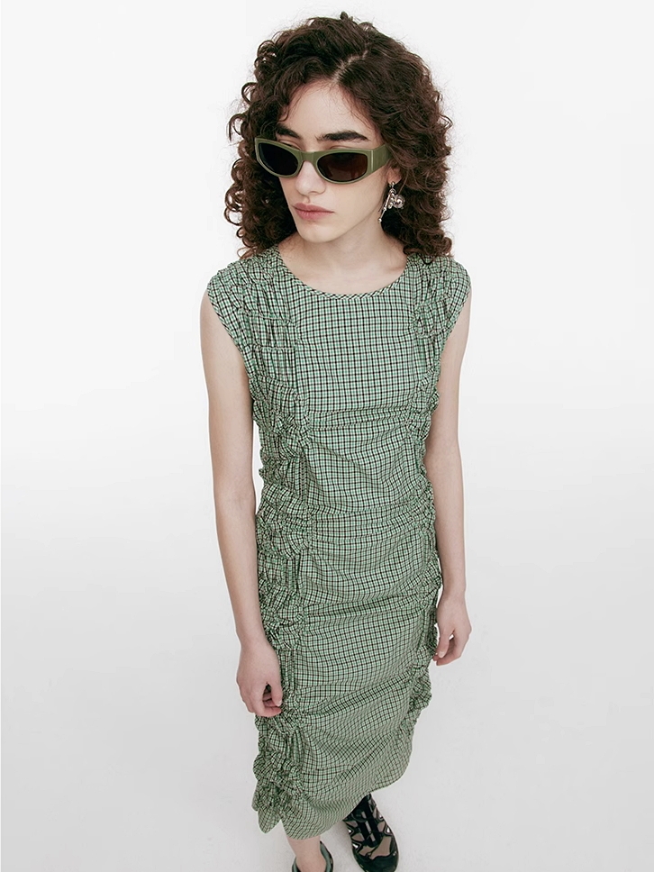 Demode｜ Vintage Side Drawstring Checkered Dress