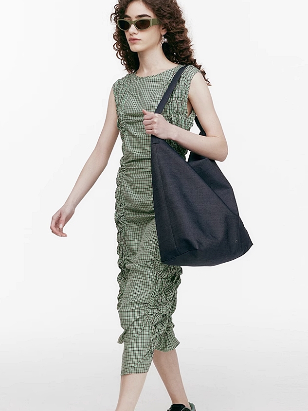 Demode｜ Vintage Side Drawstring Checkered Dress