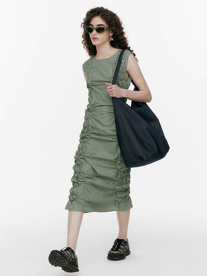 Demode｜ Vintage Side Drawstring Checkered Dress