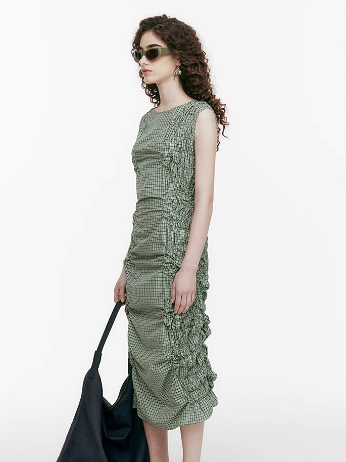 Demode｜ Vintage Side Drawstring Checkered Dress