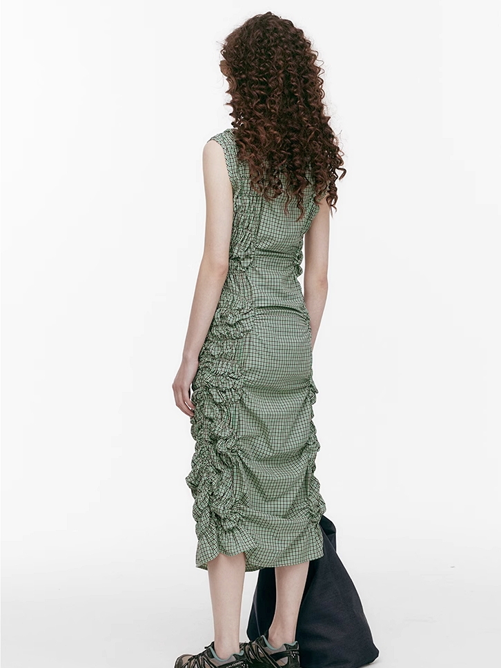 Demode｜ Vintage Side Drawstring Checkered Dress