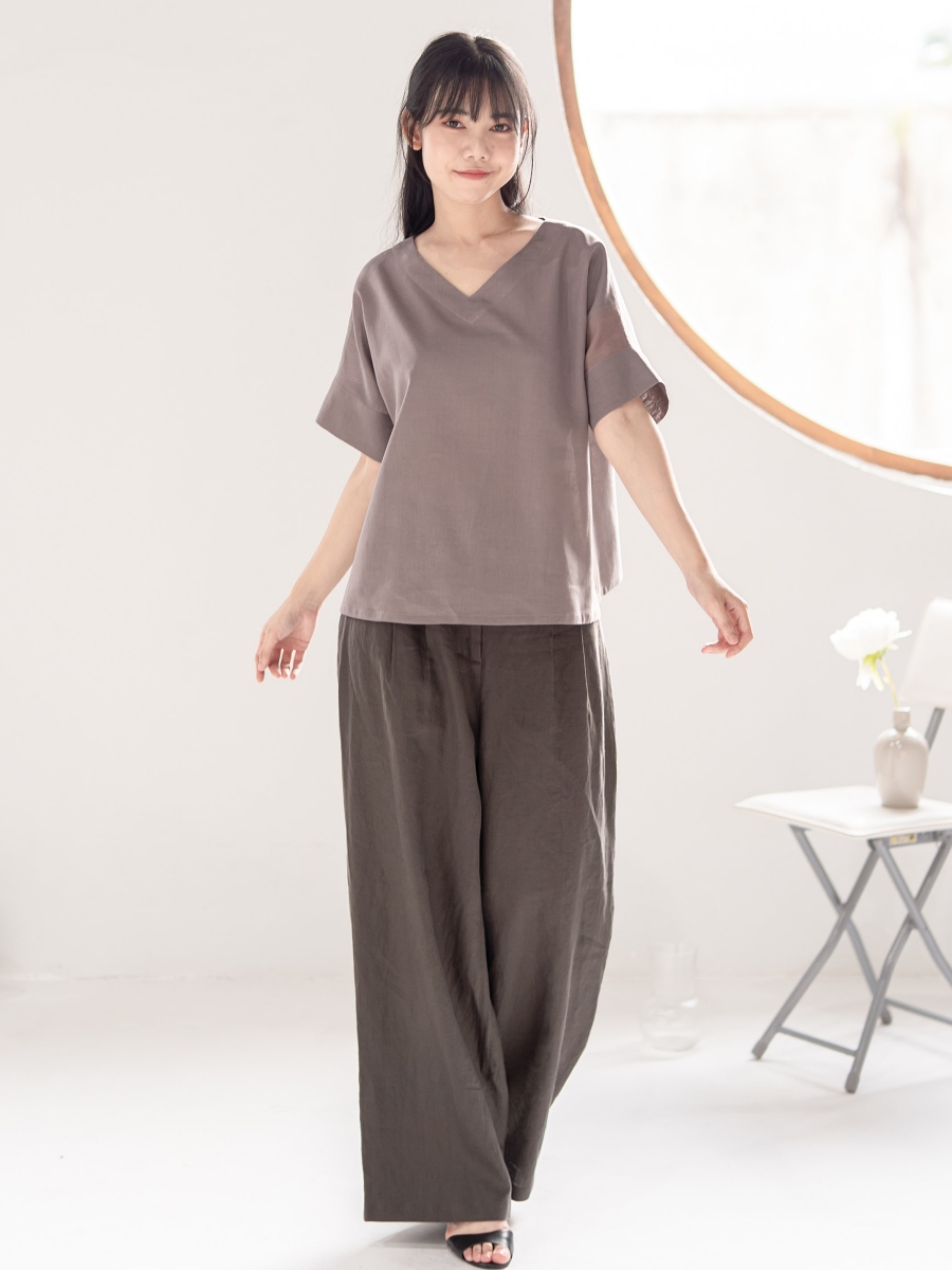 Candith｜Dark Brown Zigzag Hand-Stitching Linen Top