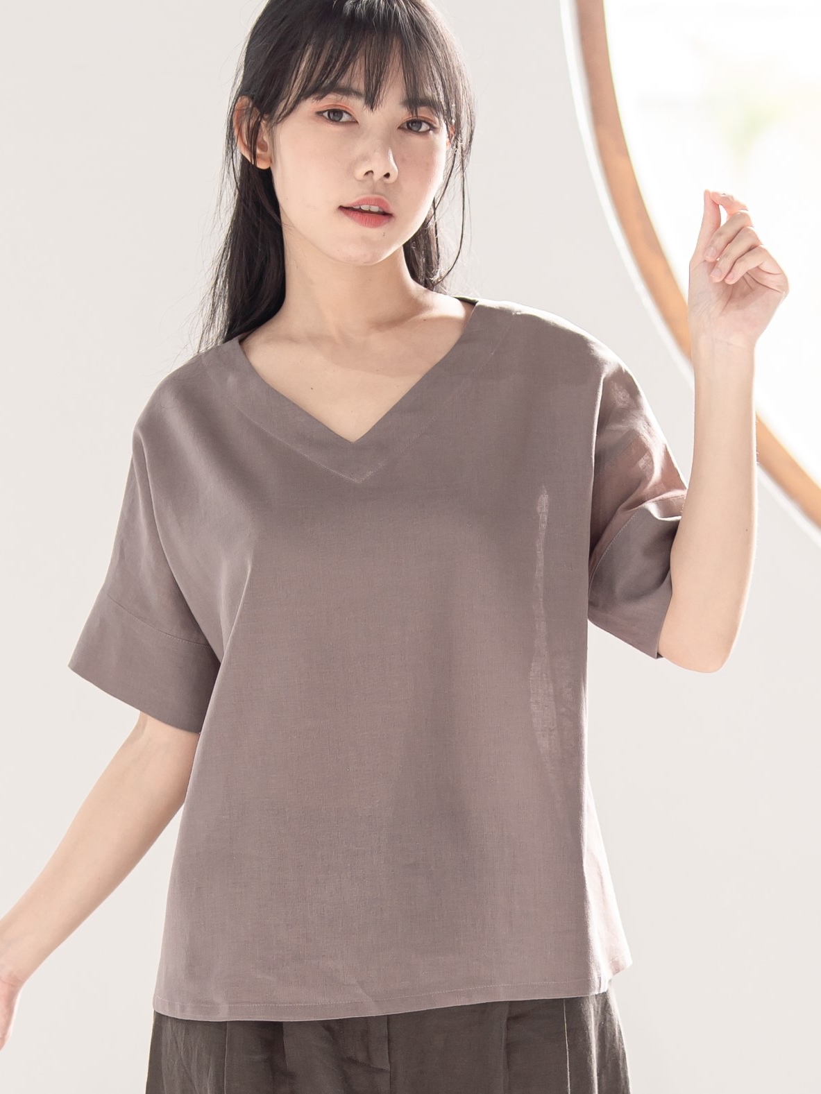 Candith｜Dark Brown Zigzag Hand-Stitching Linen Top