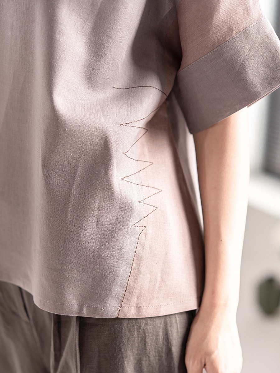 Candith｜Dark Brown Zigzag Hand-Stitching Linen Top