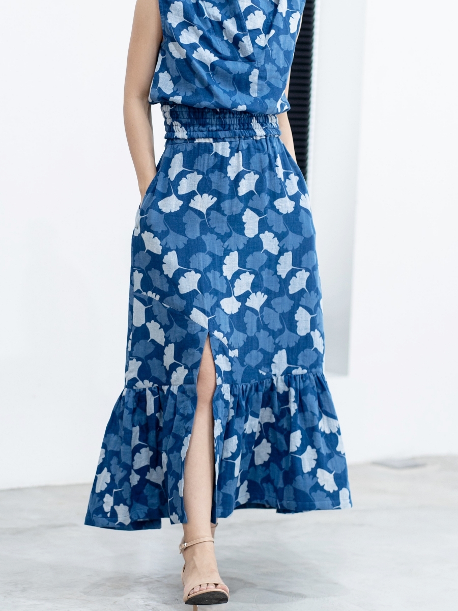 Candith｜Blue Leaf Natural Cotton Maxi Skirt