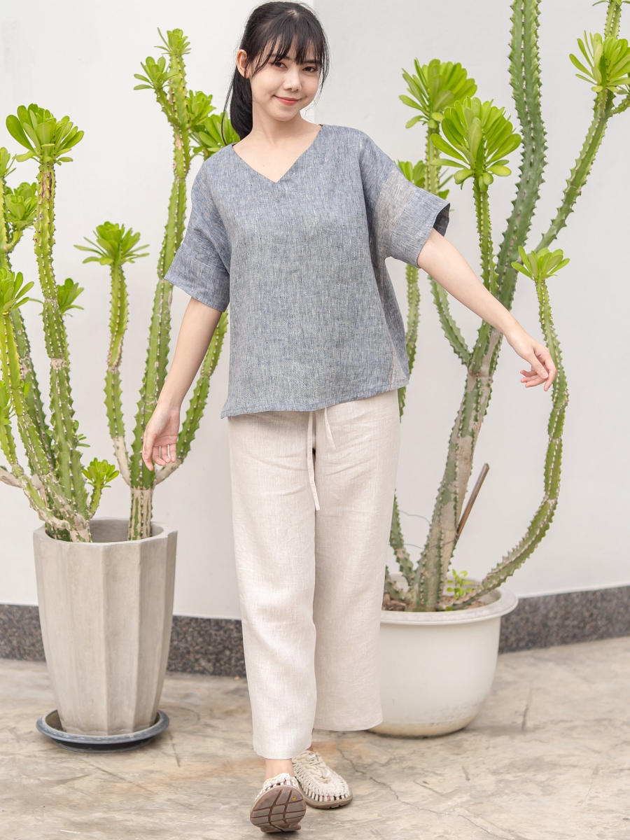 Candith｜ Greyish Blue Zigzag Hand-Stitching Linen Top