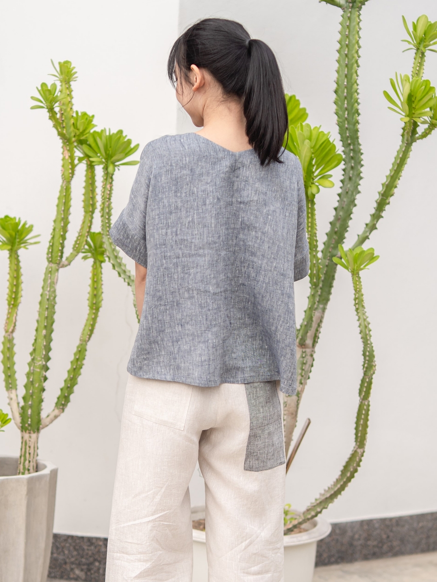 Candith｜ Greyish Blue Zigzag Hand-Stitching Linen Top