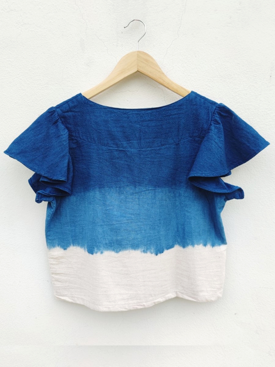 Hug Fai Hug D｜Square Neck Ruffle Sleeves 3 Tones Indigo Dyed Blouse