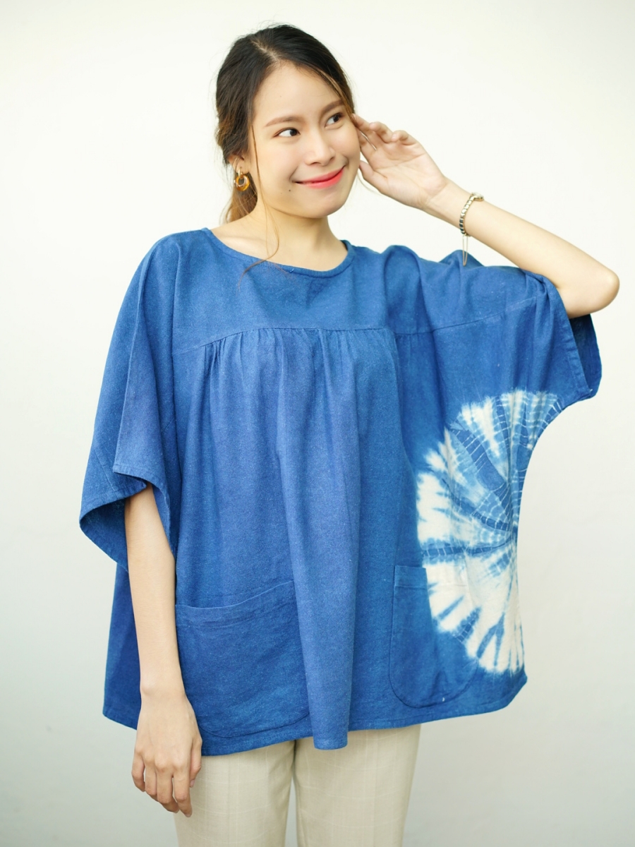 Hug Fai Hug D｜Indigo Tie Dyed Big Web Oversize Blouse