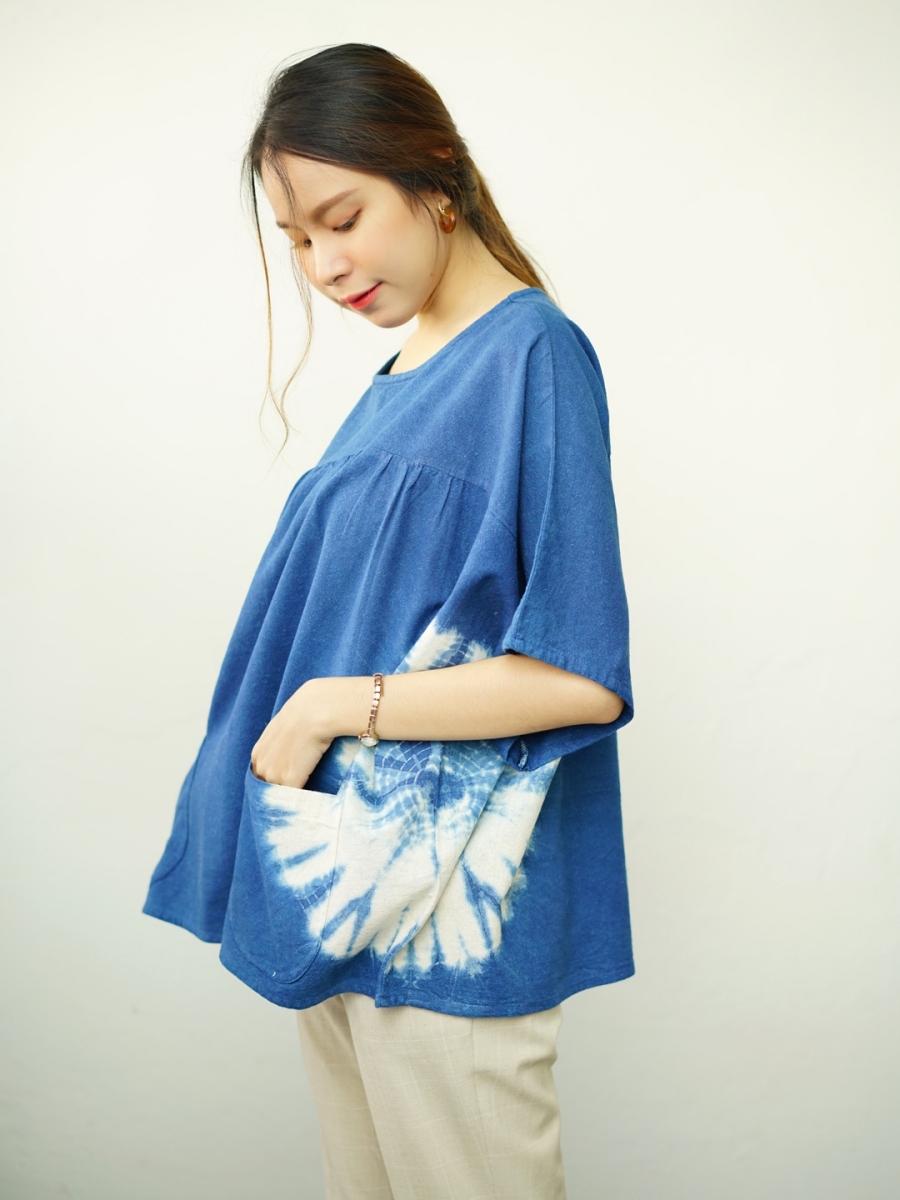 Hug Fai Hug D｜Indigo Tie Dyed Big Web Oversize Blouse