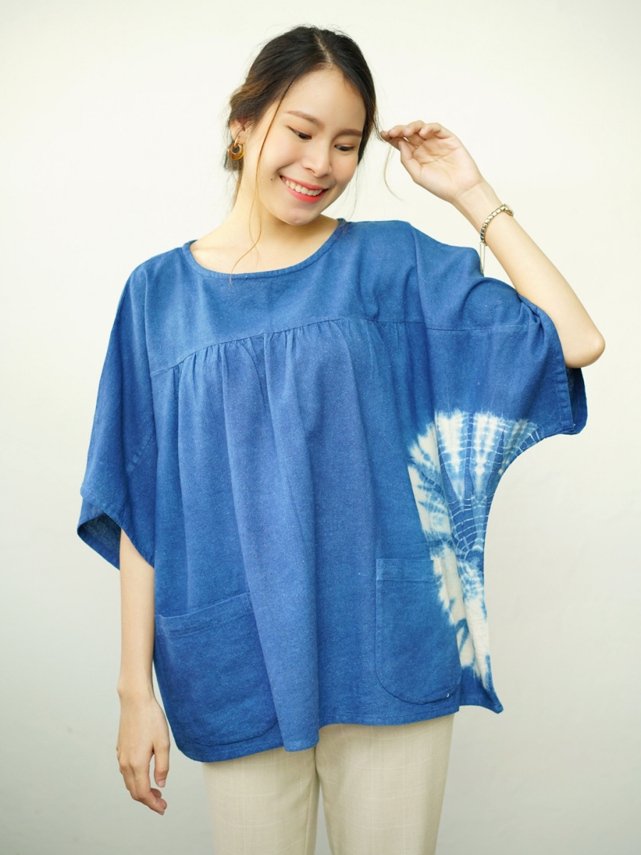 Hug Fai Hug D｜Indigo Tie Dyed Big Web Oversize Blouse