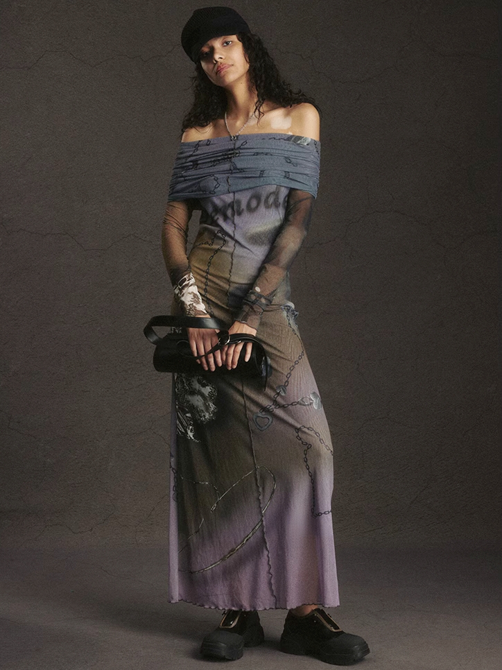 Demode｜Surreal Chain-print Off-shoulder Mesh Maxi Dress