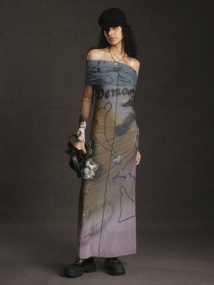 Demode｜Surreal Chain-print Off-shoulder Mesh Maxi Dress