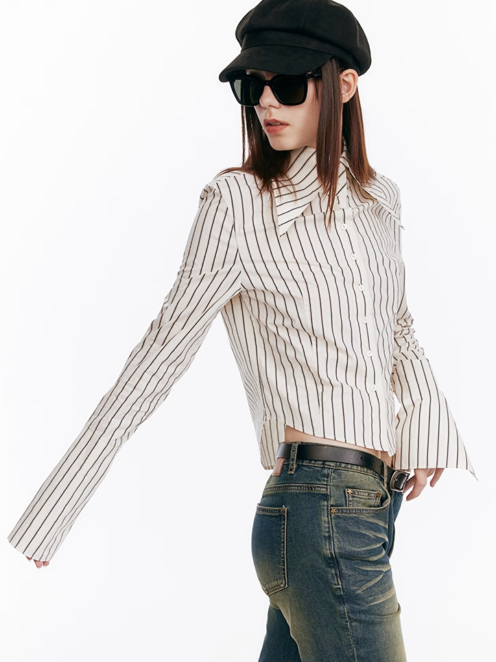 Demode｜Retro Lapel Cropped Striped Shirt