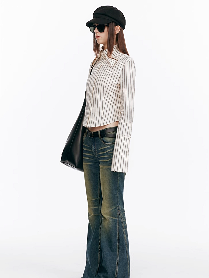 Demode｜Retro Lapel Cropped Striped Shirt