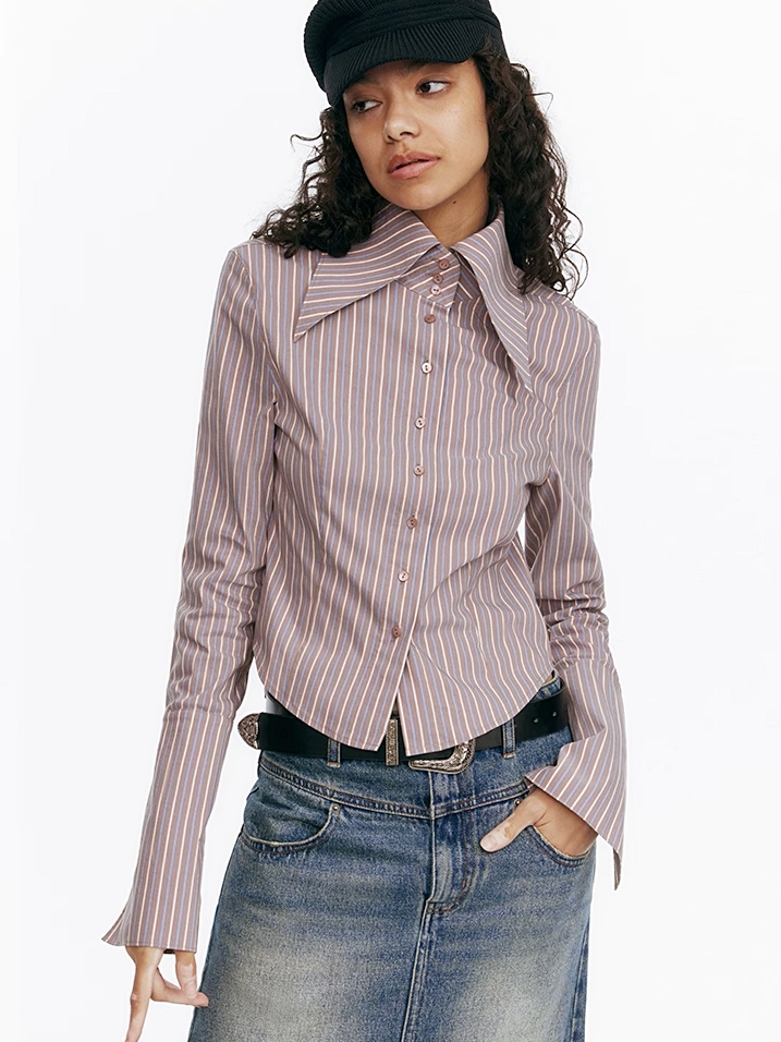 Demode｜Retro Lapel Cropped Striped Shirt