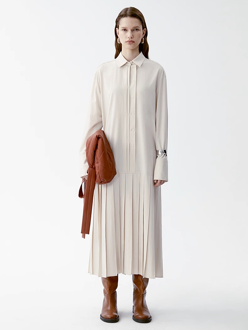 INSIS｜ Intellectual Tencel Wool Pleated Design Shirt Dress