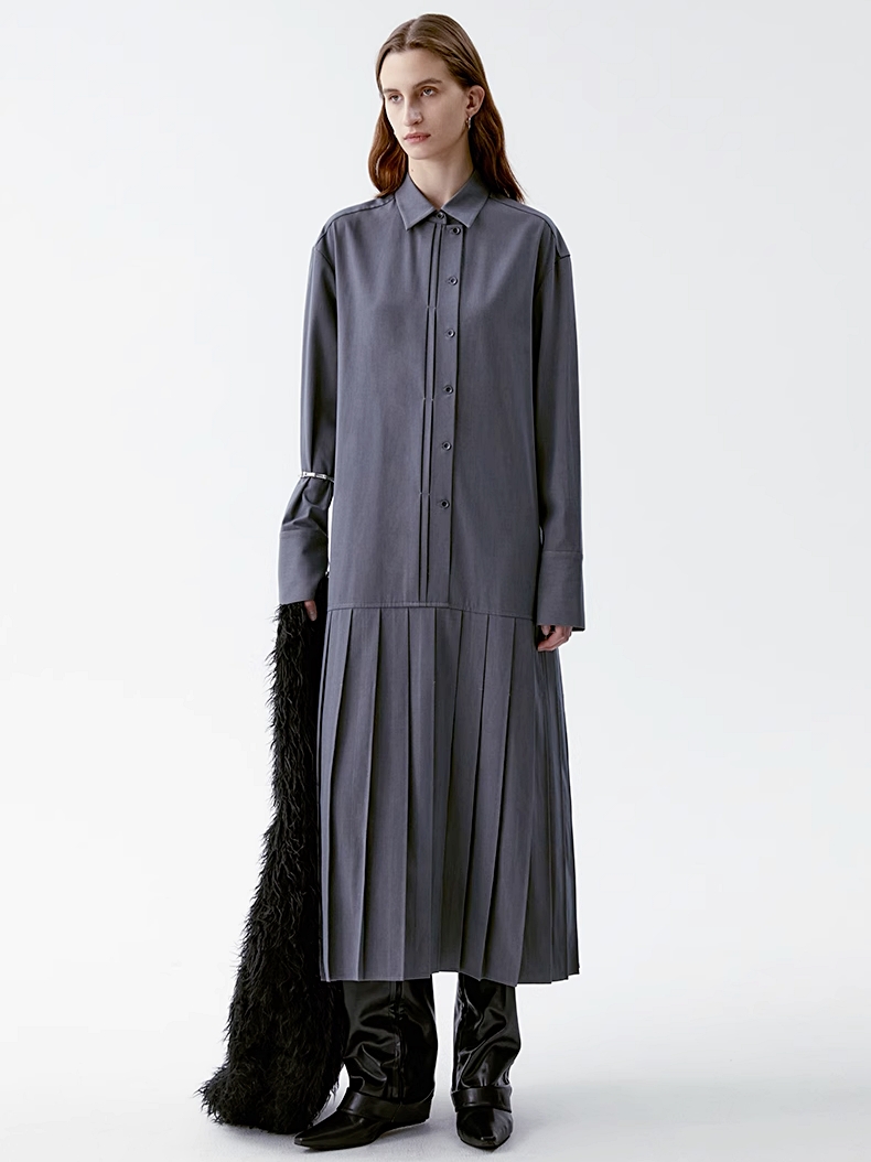 INSIS｜ Intellectual Tencel Wool Pleated Design Shirt Dress