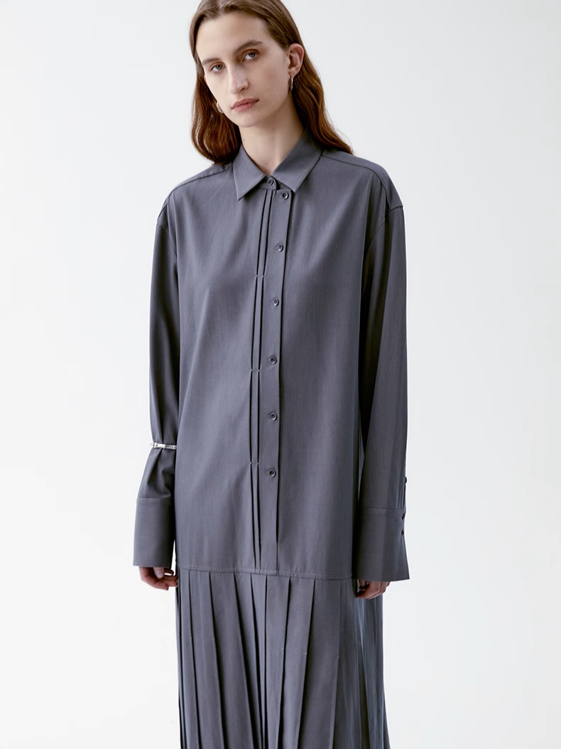 INSIS｜ Intellectual Tencel Wool Pleated Design Shirt Dress