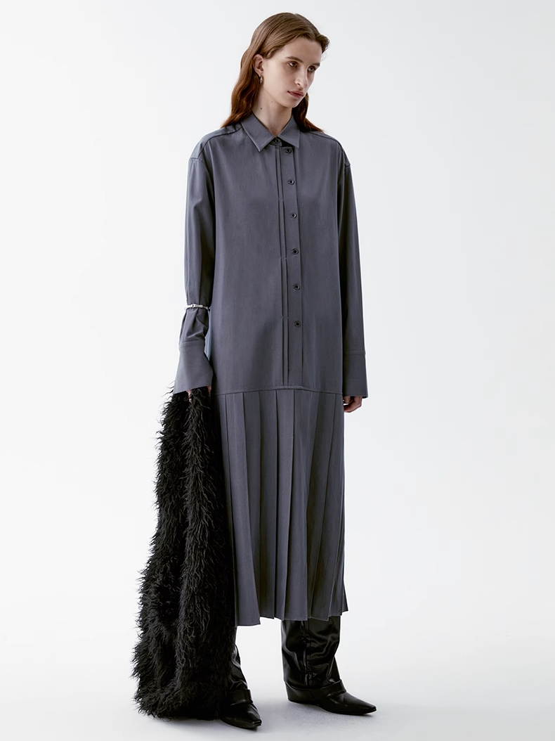 INSIS｜ Intellectual Tencel Wool Pleated Design Shirt Dress