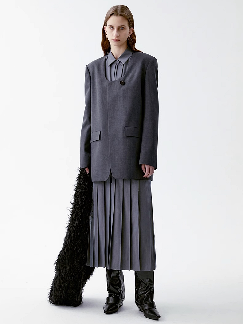 INSIS｜ Intellectual Tencel Wool Pleated Design Shirt Dress