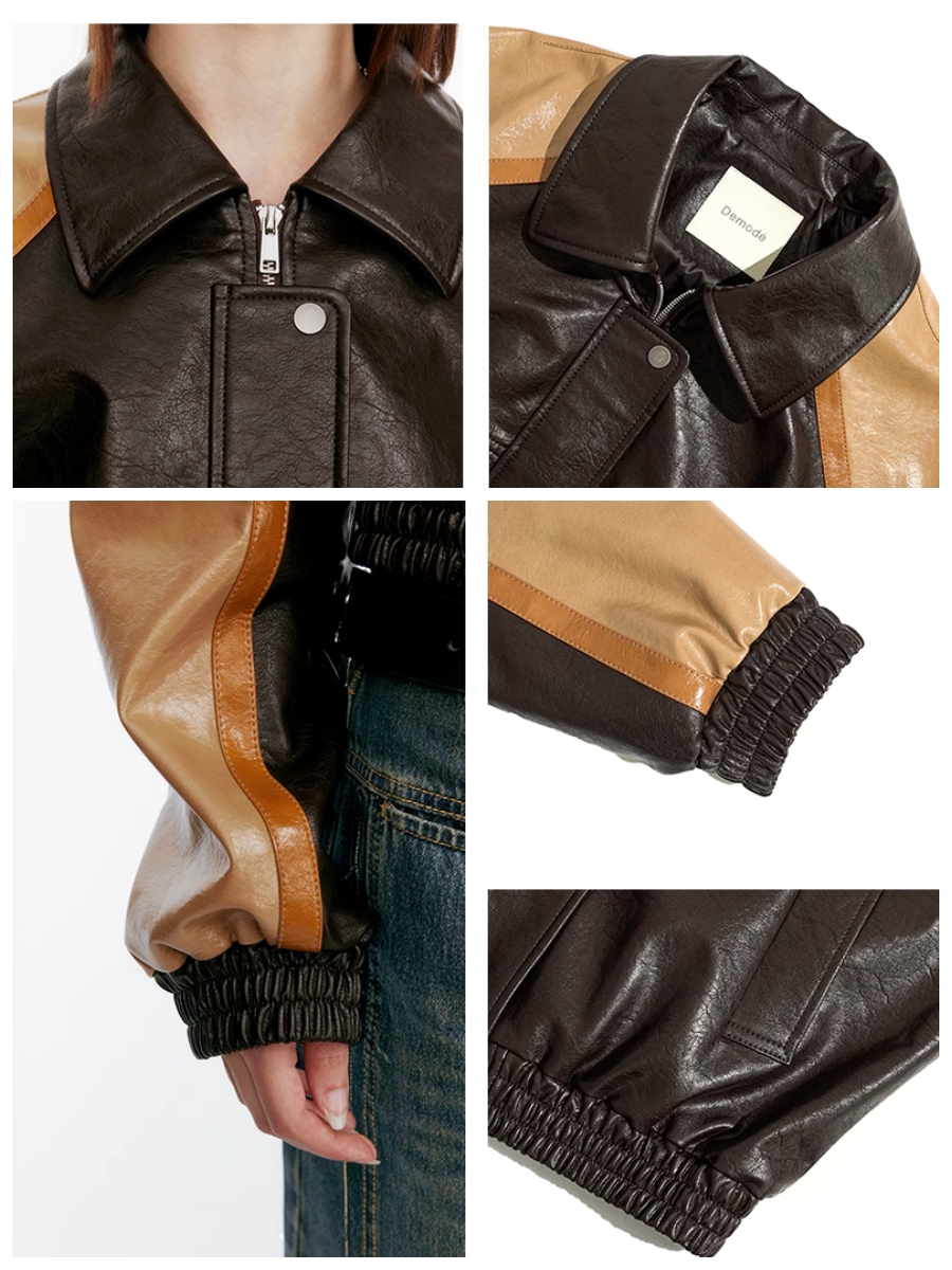 Demode｜Retro Punk Contrast Color Eco-Friendly PU Leather Jacket