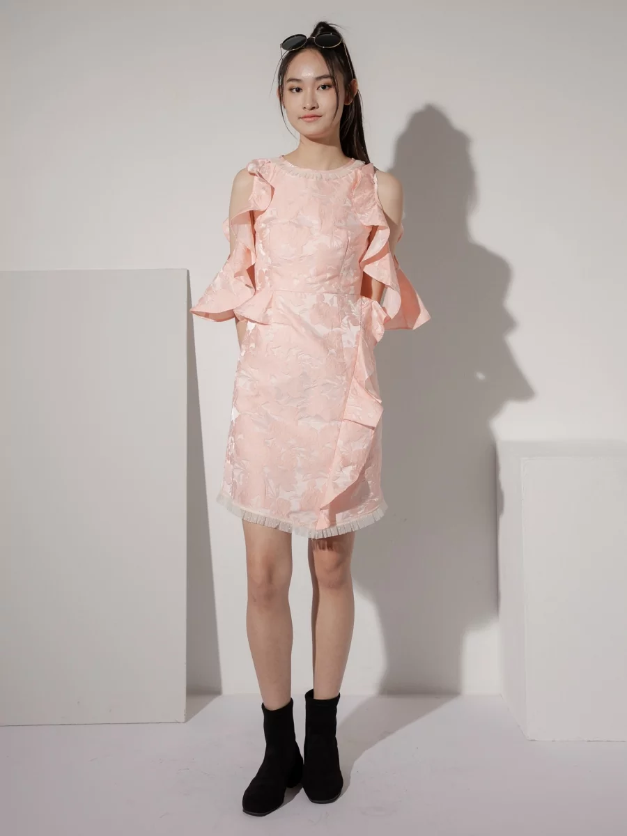 SARALOLO｜Petal Peach Jacquard Ruffle Sleeves Dress